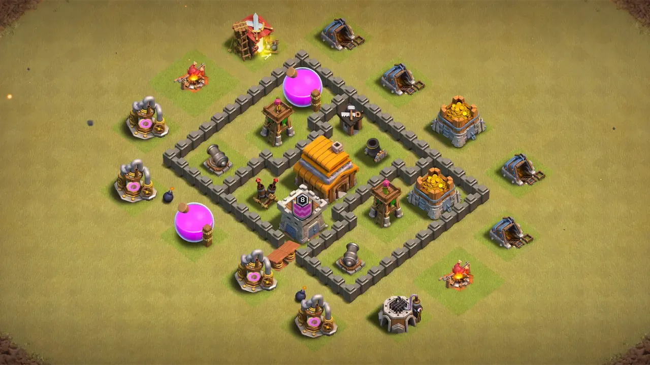 บ้าน 4 สายวอร์ ป้องกัน 2 ดาว ผังหลอกล่อกำแพง 3 ส่วน เปิดป้อมพลุล่อยักษ์ดักสปริง ปืนครกยิงต่อเนื่อง