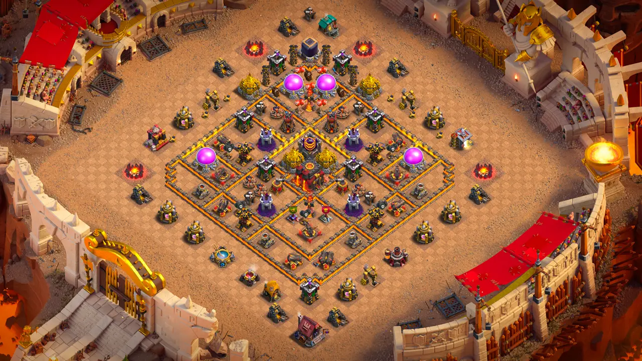 จัดบ้าน 10 สายวอร์ พร้อมลิงก์จัดบ้านในเกม Clash of Clans ป้องกัน 2 ดาว กำแพงล้อมเทสล่าและป้อมพลุแน่นหนา กันลาวาลูนและวาลคีรีทะลุถึงบ้าน