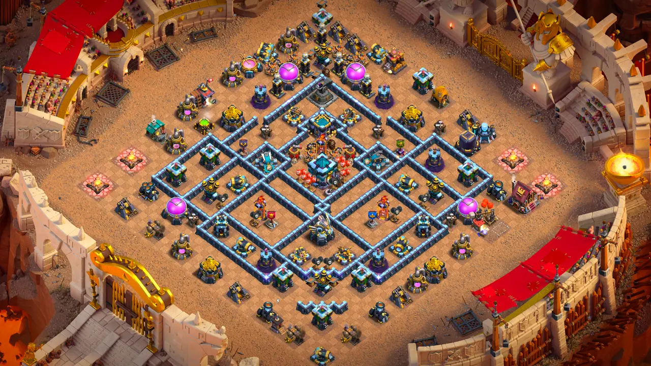 จัดบ้าน 13 สายวอร์ พร้อมลิงก์จัดบ้านในเกม Clash of Clans ป้องกัน 2 ดาว เครื่องพิฆาตผู้กล้า เสาลาวาแยกด้านท้ายดักเรือเหาะเยติ
