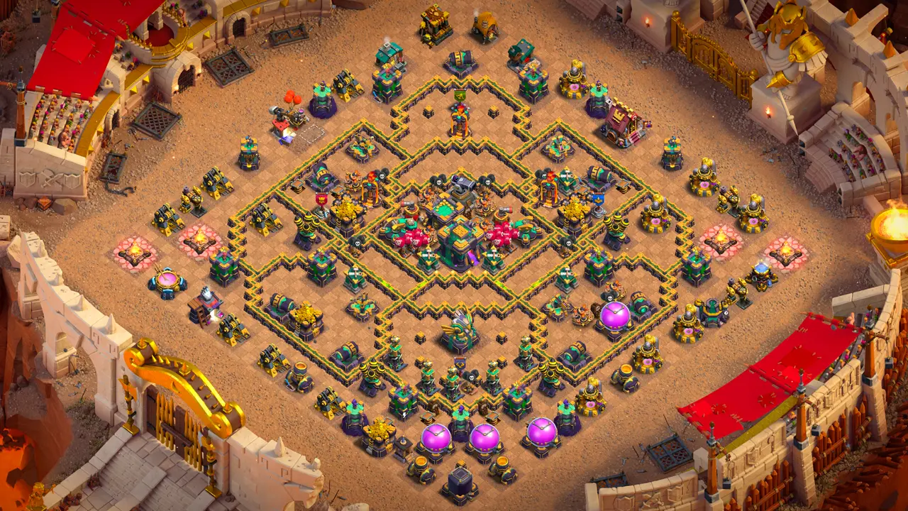 จัดบ้าน 14 สายวอร์ พร้อมลิงก์จัดบ้านในเกม Clash of Clans ป้องกัน 2 ดาว เครื่องพิฆาตผู้กล้า แยกป้อมอินทรีกับเสาลาวาเดี่ยว