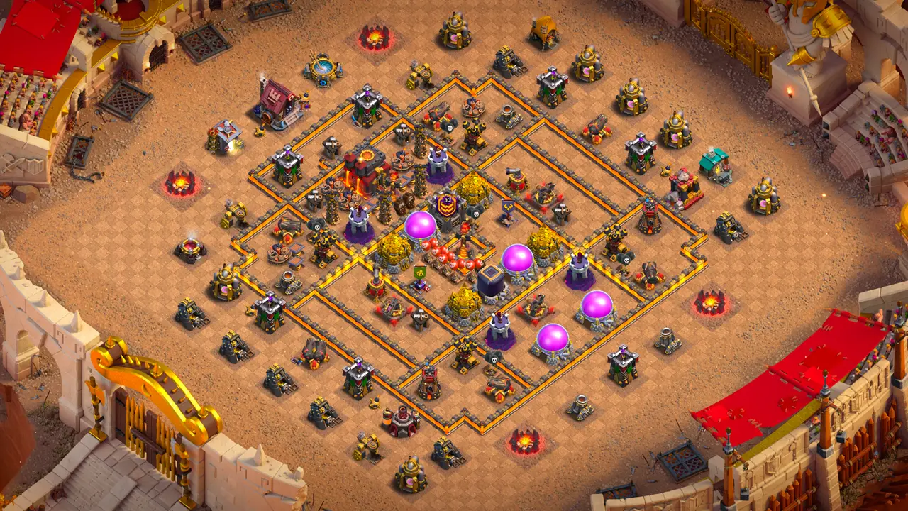 จัดบ้าน 10 สายวอร์ลีก พร้อมลิงก์จัดบ้านในเกม Clash of Clans ป้องกัน 3 ดาว กำแพงล้อมเสาลาวาและเทสล่า กันควีนชาร์จและมังกรทะลุถึงบ้าน