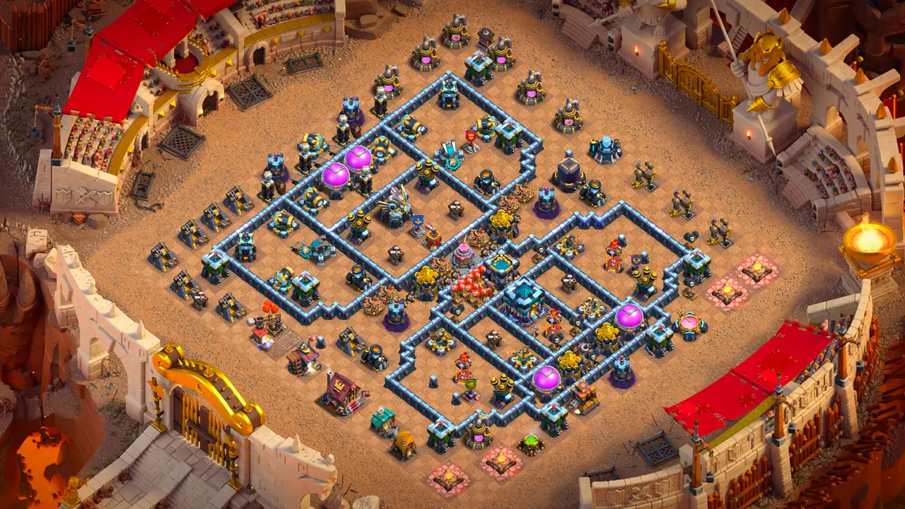 จัดบ้าน 13 สายวอร์ลีก พร้อมลิงก์จัดบ้านในเกม Clash of Clans ป้องกัน 3 ดาว เครื่องยิงเค้ก เปิดกลางฐานล่อสูตรสแมช รับดาเมจด้านข้าง