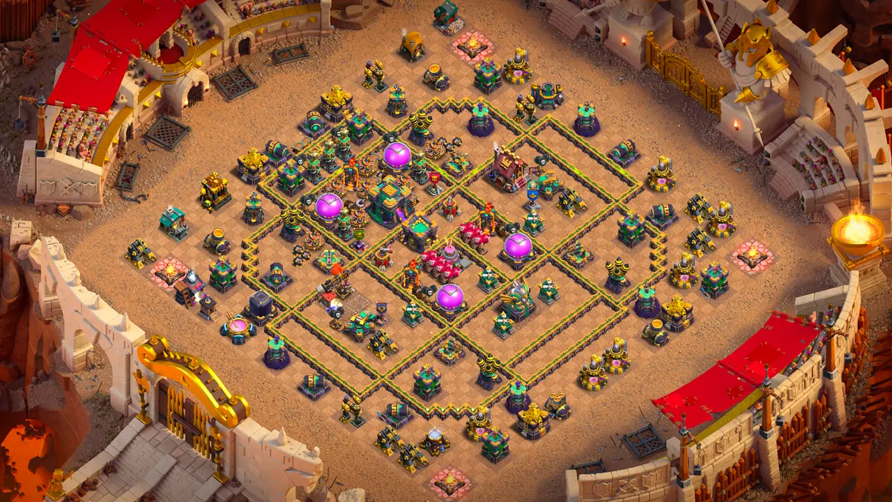 จัดบ้าน 14 สายวอร์ลีก พร้อมลิงก์จัดบ้านในเกม Clash of Clans ป้องกัน 3 ดาว เครื่องยิงเค้ก กับดักทอร์นาโดชะลอทหาร