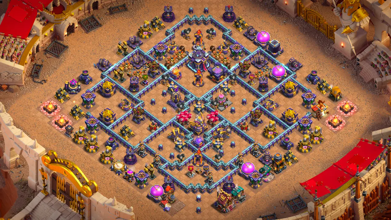 จัดบ้าน 15 สายวอร์ลีก พร้อมลิงก์จัดบ้านในเกม Clash of Clans ป้องกัน 3 ดาว เครื่องยิงเค้ก แยกเครื่องยิงเค้กและเสามรณะคนละส่วน
