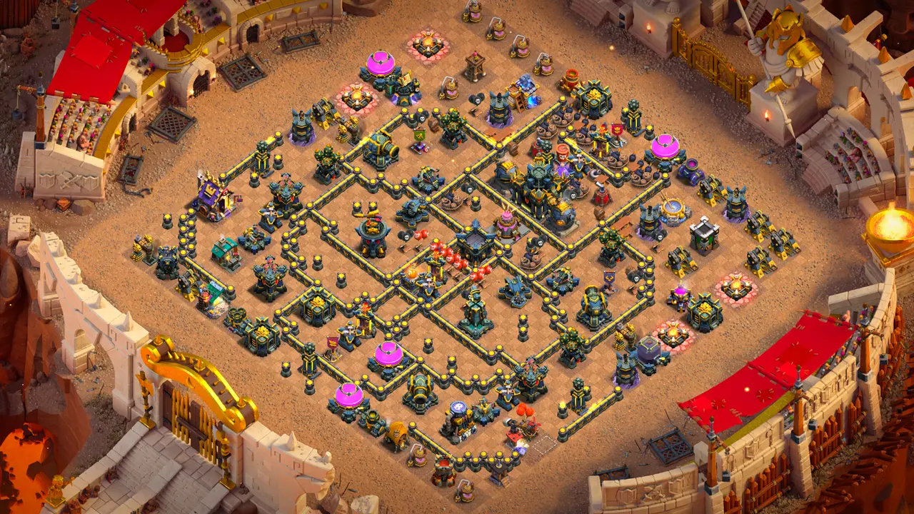 จัดบ้าน 17 สายวอร์ลีก พร้อมลิงก์จัดบ้านในเกม Clash of Clans ป้องกัน 3 ดาว เครื่องยิงเค้ก บ้านริมฐานล่อให้บุกเข้าโซนกับดักหนาแน่น