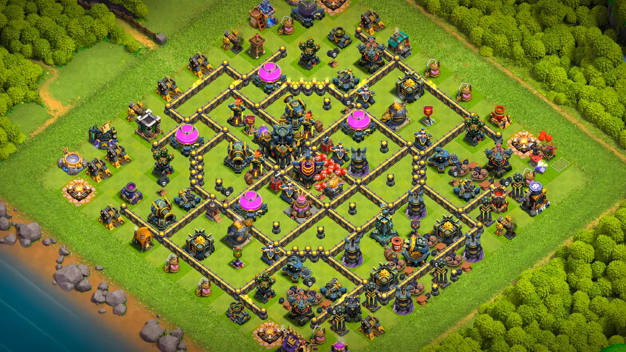 จัดบ้าน 17 โหมดจัดอันดับ พร้อมลิงก์จัดบ้านในเกม Clash of Clans ป้องกัน 2 ดาว เครื่องยิงเค้ก เสาลาวาอยู่ในระยะหอคอยอาคมคลุ้มคลั่ง