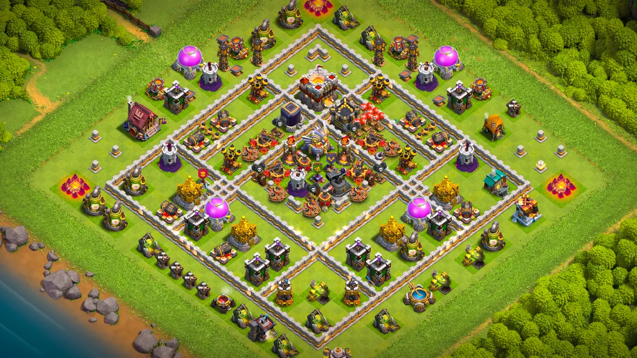 จัดบ้าน 11 โหมดจัดอันดับ พร้อมลิงก์จัดบ้านในเกม Clash of Clans ป้องกัน 3 ดาว เครื่องพิฆาตผู้กล้า บ้านอยู่ด้านบน บังคับเข้าทางล่าง