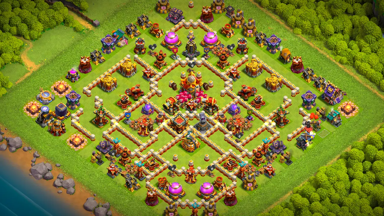 จัดบ้าน 16 โหมดจัดอันดับ พร้อมลิงก์จัดบ้านในเกม Clash of Clans ป้องกัน 3 ดาว เครื่องพิฆาตผู้กล้า เสาลาวาแยกจากป้อมอินทรีกลางฐาน