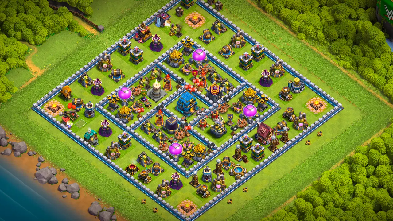 จัดบ้าน 12 สายฟาร์ม พร้อมลิงก์จัดบ้านในเกม Clash of Clans ป้องกัน 2 ดาว เทียนไขไฟร้อนแรง ทุกส่วนห่าง 8 ช่อง ขวานต้านก็อบลินลับลวง