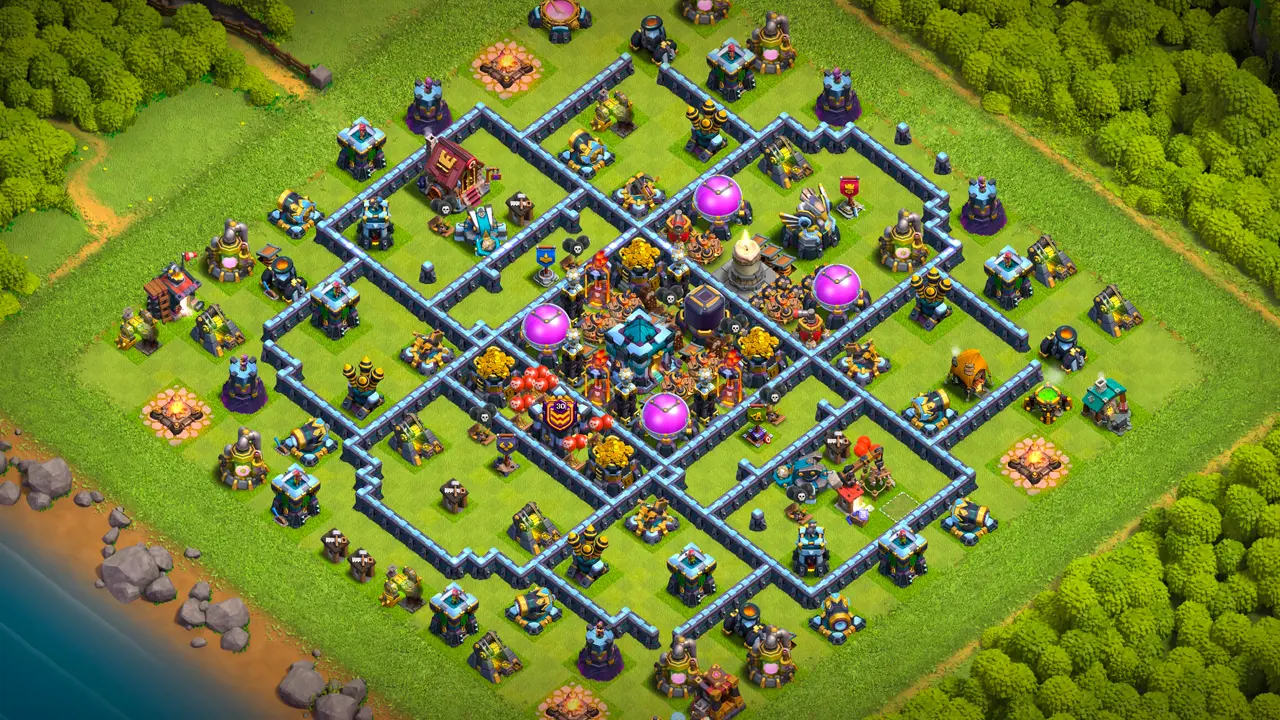 จัดบ้าน 13 สายฟาร์ม พร้อมลิงก์จัดบ้านในเกม Clash of Clans ป้องกัน 2 ดาว เทียนไขไฟร้อนแรง คลังทรัพยากรกระจายกลางฐาน มีบ้านคุ้มกัน