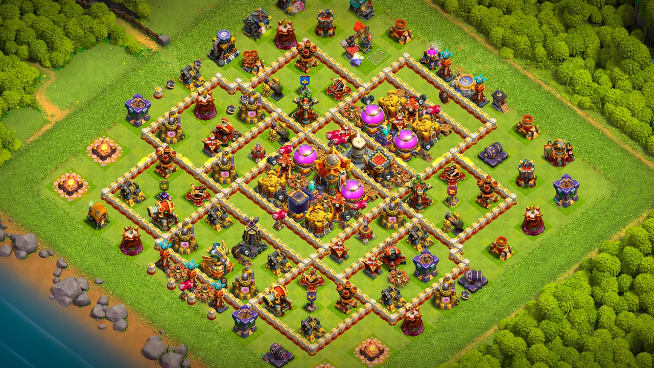 จัดบ้าน 16 สายฟาร์ม พร้อมลิงก์จัดบ้านในเกม Clash of Clans ป้องกัน 2 ดาว เทียนไขไฟร้อนแรง หอคอยอาคมล่องหนคลุมคลังทรัพยากรหลัก