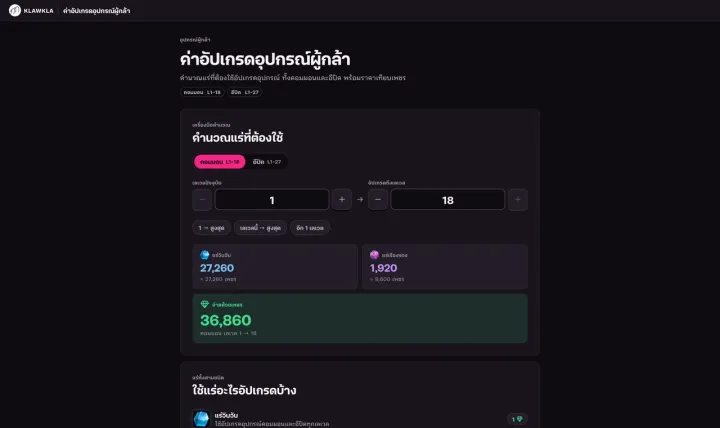 ค่าอัปเกรดอุปกรณ์ผู้กล้า